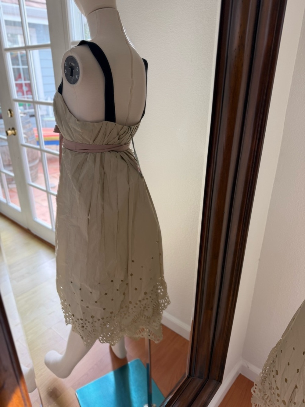 Cream Eyelet Midi Dress with Pink Waist Tie and Black Shoulder Straps - Picture 3 of 3